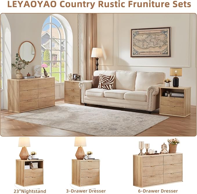 LEYAOYAO Fluted Dresser and 2 Drawers Nightstand Set of 2, Wood 48" Wide Dresser & 23" Night Stand with Charging Station, 3 Piece Bedroom Furniture Set, Chest of Drawers for Home,Living Room,Natural