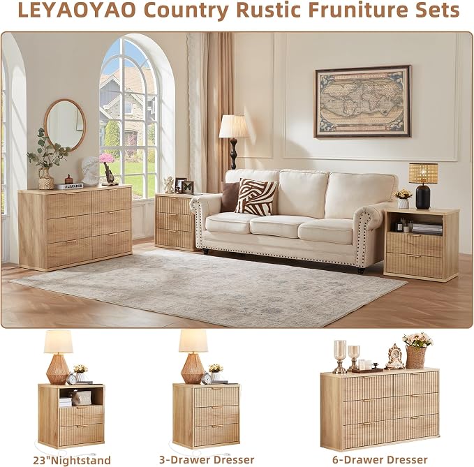 LEYAOYAO Fluted Nightstand with Charging Station, 23" Wide 2 Drawers End Table, Natural Night Stand with Open Storage Cabinet, Farmhouse Bed Side Tables, Wood Dresser for Bedroom, Living Room, Closet - Image 3