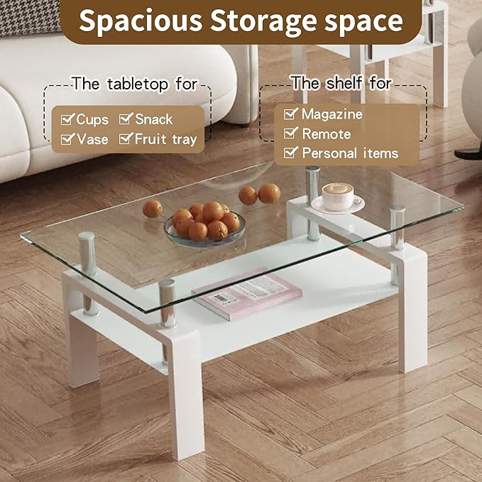 39.4'' Rectangle Glass Coffee Table, White Coffee Table with Tempered Glass & Metal Legs, 2-Tier Modern Center Table with Storage Shelf, Clear Glass Coffee Tables for Living Room, Apartment, Office
