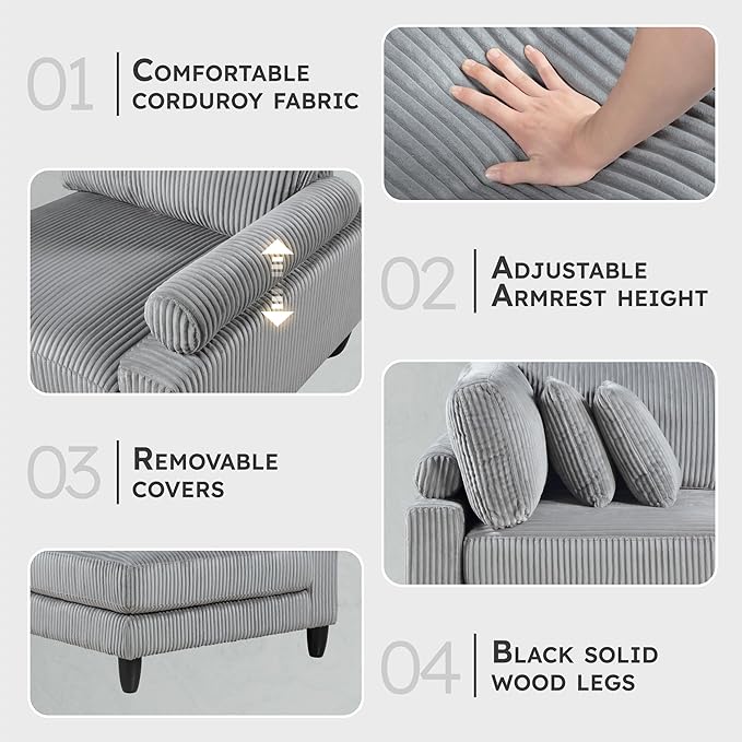 Lexicon Modular Sectional Sofa for Living Room, Corduroy Fabric Upholstery Corner Seat with 2 Pillows, Units of Modular Sectional Couch, Upholstered Chair for Customizable Sectional Sofa Couch, Gray