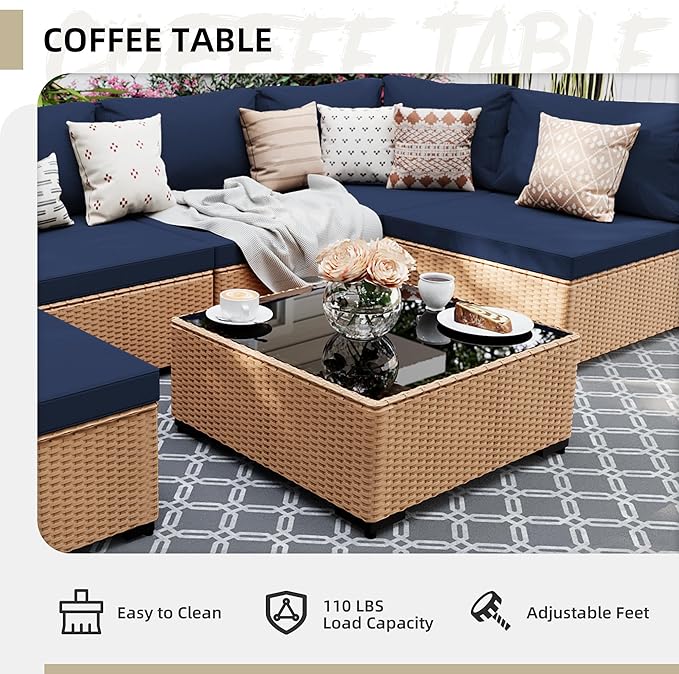 UPHA 9 Pieces Patio Furniture Sets, Wicker Outdoor Sectional Sofa Couch with Round Propane Pit for Deck Backyard Garden, Beige Rattan, Navy Blue Cushion