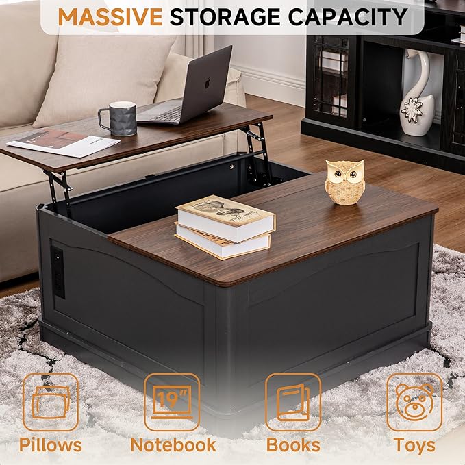 Lift Top Coffee Table with Hidden Storage and Power Outlets, 35.4 Square Center Table Solid Matte Finish, Hidden Storage Coffee Table for Saving Spaces w/ 2AC, 2USB (Weathered Gray, 35.4 inch)