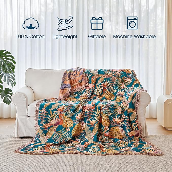 Boho Throw Blanket - 100% Cotton Ultra Soft Muslin Spring Blanket, 60"x80" Lightweight Floral Bird Framhouse Bedding Blanket for Bed, All Season Blue Bohemian Bedroom Home Decor Quilt