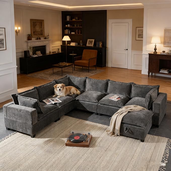 Ball & Cast Oversized U Shaped Sectional Couch with Movable Storage Ottoman,7 Seat Chenille Upholstered Sectional Sofa w/9 Pillows,DIY Combination,Wide Seat Couches for Living Room,Office,Gray