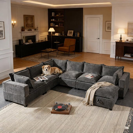 Ball & Cast Oversized U Shaped Sectional Couch with Movable Storage Ottoman,7 Seat Chenille Upholstered Sectional Sofa w/9 Pillows,DIY Combination,Wide Seat Couches for Living Room,Office,Gray