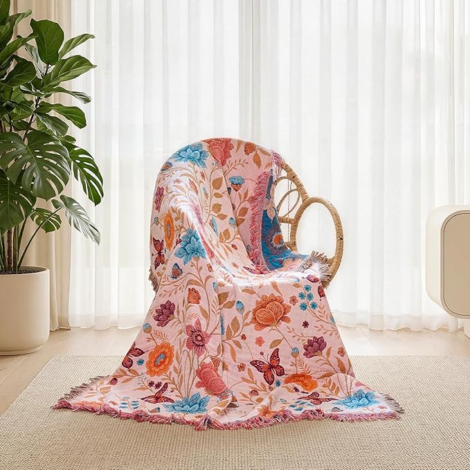 Boho Throw Blanket - 100% Cotton Ultra Soft Muslin Blanket, 50"x60" Lightweight Floral Butterfly Framhouse Bedding Spring Blanket for Bed, All Season Beige Bohemian Bedroom Home Decor Quilt