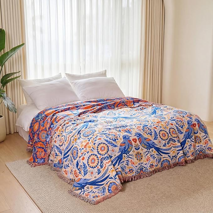 Boho Throw Blanket - 100% Cotton Ultra Soft Muslin Spring Blanket, 60"x80" Lightweight Floral Bird Framhouse Bedding Blanket for Bed, All Season Blue Bohemian Bedroom Home Decor Quilt