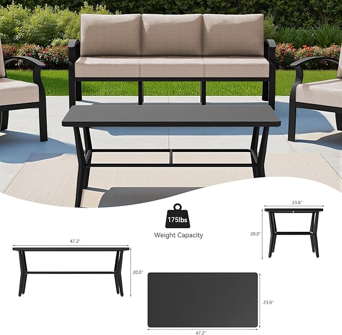 Aluminum Outdoor Patio Furniture Set,5 Seats Patio Conversation Sets with Rectangular Coffee Table,Metal Patio Sectional Furniture Set with 5.1" Thickened Cushions,Sand