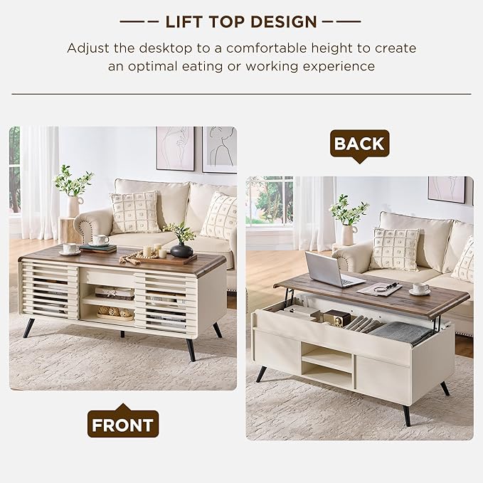 OKD Lift Top Coffee Table Sliding Slatted Door, 48" Mid Century Modern Wood Center Table Hidden Storage Compartment & Adjustable Shelf, Lift Tabletop Dining Table for Living Room,Antique White
