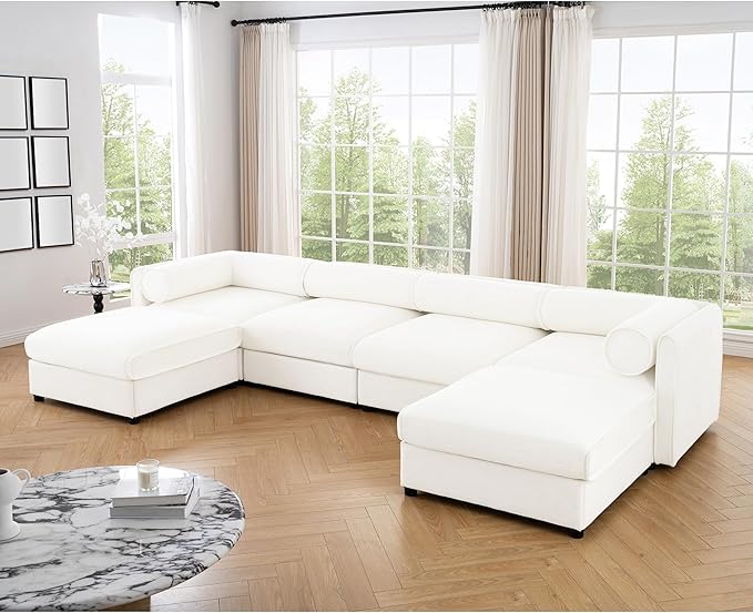 KEIKI 143" U-Shaped Modular Chenille Sectional Sofa with Storage Seat, 2 Ottoman, Modern Style 4-Seater Couch with Cylindrical Backrest and Armrests, Easy Assembly, for Apartment, Living Room, White