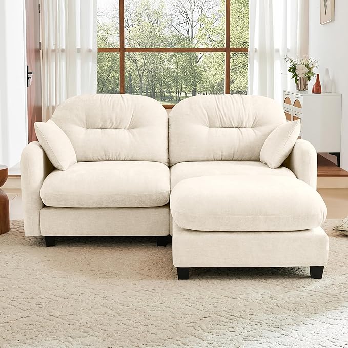 KEIKI 74" L-Shaped Oversized Chenille Modular Sectional Loveseat Sofa with 1 Ottoman, High-Density Foam Cushions, Tufted Pleated Cushion Backrest, 2-Seater Couch with 2 Pillow, for Living Room, Beige