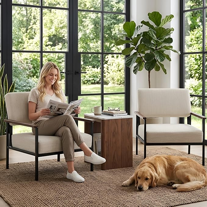 Mid Century Modern Beige Accent Chairs Set of 2, Comfy Arm Chairs with Black Metal Frame Soft Linen Fabric Upholstered Armchairs Living Room Chairs Lounge Chairs Reading Chairs for Bedroom/Office