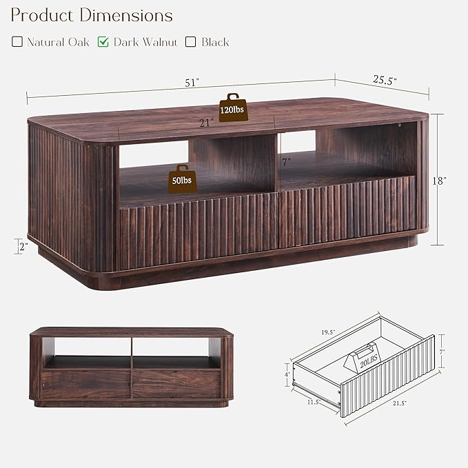 ACCOHOHO 51" Fluted Coffee Table with Storage, Modern Center Table with 2 Drawers, Rectangle Wood Coffee Table for Living Room, (Dark Walnut)