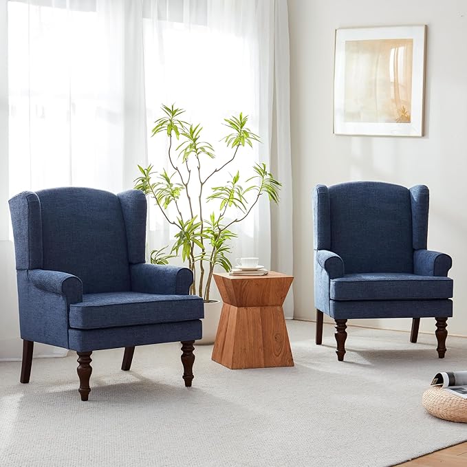 HUIMO Printed Wingback Accent Chair, Linen Upholstered High Back Armchair, Comfy Reading Chair for Living Room Bedroom Study, 300lbs Weight Capacity (2, Navy Blue)