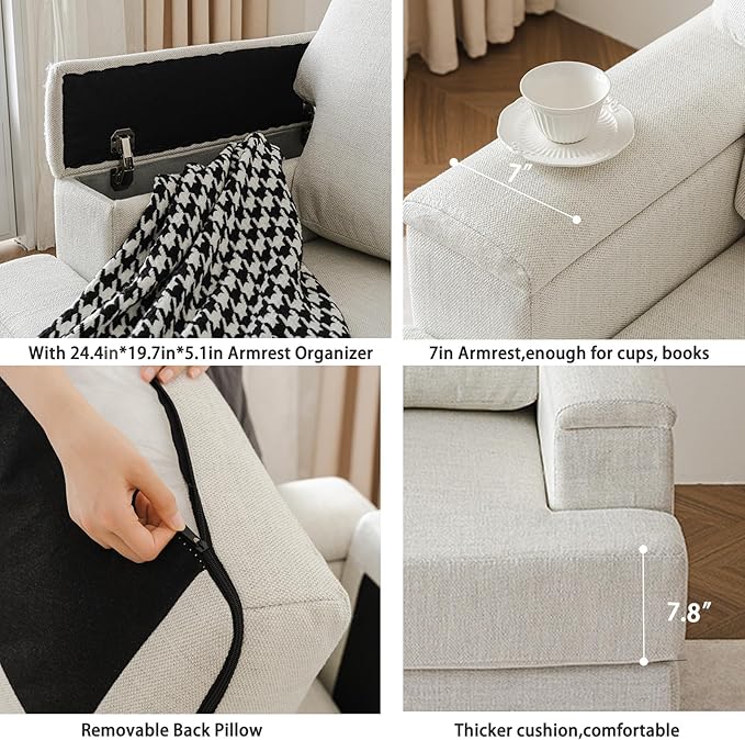 Oversized Living Room Chairs Set of 2,Comfy Accent Chair with Armrest Organizer,Upholstered Linen Fabric Armchair Thick Cushion,Big Reading Chair,Sofa Chair for Bedroom