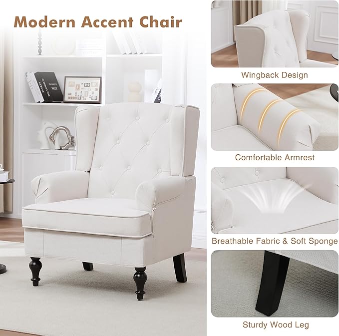 Accent Chair for Living Room, Mid Century Modern Upholstered Armchair, Wingback Chair with Tufted High Back and Solid Legs, Comfy Side Chairs Single Sofa for Bedroom, Beige