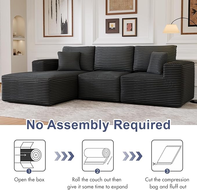 104" Modular Sectional Sofa with L-Shape Chaise, Modern Upholstered Cloud Couches for Living Room Bedroom, No Assembly Required, Dark Grey