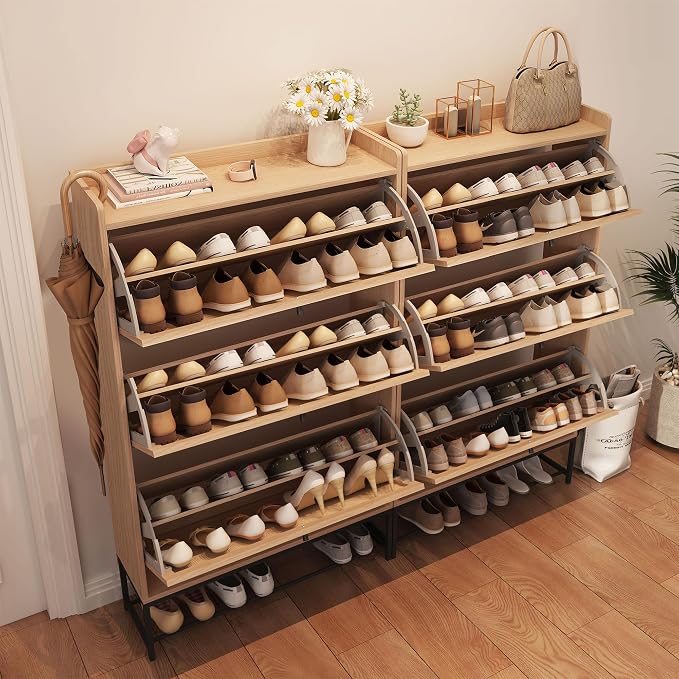 AVZEAR Narrow Shoe Storage Cabinet with 3 Flip Drawers, Freestanding Shoe Organizer Wooden Closed Shoe Rack, Slim Shoe Cabinet Storage for Entryway, Hallway, Living Room (Natural) - Image 8