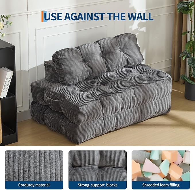 Folding Sofa Bed with Back Support, Convertible Sleeper Chair with Pilow Foldable Matress, Portable Fold Out Chair Bed Comfy Floor Sofa Lounge for Living Room Bedroom, Grey, Double