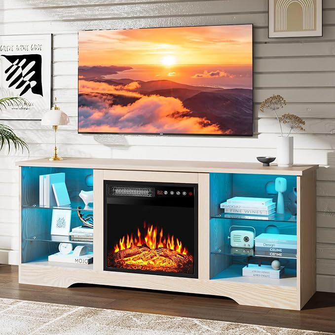 PRETZI Fireplace TV Stand with 18" Fireplace Up to 65" TVs, 58" Entertainment Center with LED Lights, TV Media Console with Adjustable Glass Shelves and Storage Cabinets for Living Room, Beige by PRETZI