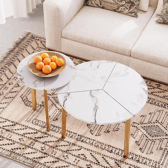 COSIEST Small Coffee Table Set of 2, Round Coffee Table with Sturdy Metal Base, Nesting Coffee Table for Living Room, Bedroom, Office (White & Gold)