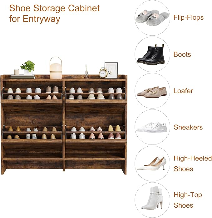 GarveeHome Shoe Cabinet with 4 Flip Drawers, Wooden Shoe Organizer Cabinet with Adjustable Shelf, Shoe Storage for Entryway, Hidden Shoe Cabinet for Hallway, Living Room, Rustic Brown - Image 6