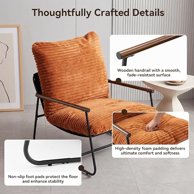 COSIEST Accent Chair for Living Room, Modern Armchair with Wood Arms, Retro Ribbed Upholstered Lounge Chair with Black Metal Frame, Comfy Reading Chair for Bedroom, Office, Brown
