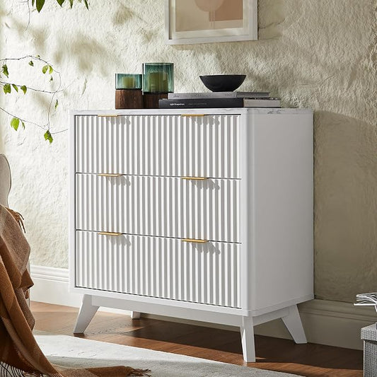 T4TREAM Fluted 3 Drawer Dresser, 32" Tall Modern Chest of Drawers with Faux Marble Top, Curved Profile Design, Wood Drawer Organizer for Bedroom, Living Room, Hallway, Entryway, Solid White by T4TREAMFurniture