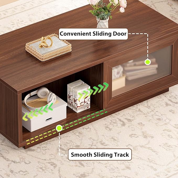 HSH Coffee Table for Living Room, Long Rectangle Coffee Table with Storage, Farmhouse Wood Low Coffee Tables, 2-Tier Wood Desktop Center Tea Table with Open Shelf, Walnut