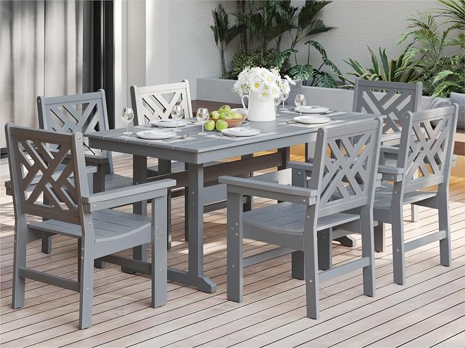 7-Piece Outdoor Dining Set, HDPE All-Weather Patio Table and Chairs Set for 6, Outdoor Patio Furniture Sets with Umbrella Hole for Outside, Deck, Backyard, Garden (Grey) by BIVODA