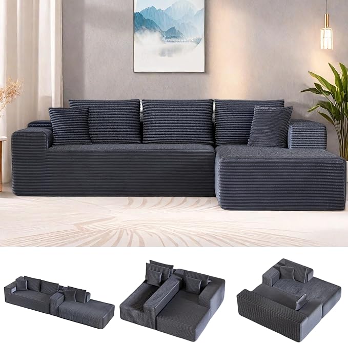 104” Sectional Cloud Couch, L-Shape Compressed Sofa with Left Chaise Lounge, Modern Modular Cloud Couch with 2 Pillows & Deep Seat, Flannel Velvet Floor Sofa for Living Room, Dark Gray