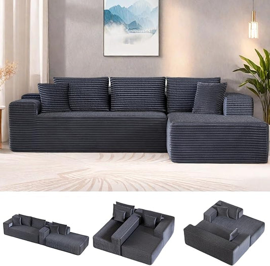 104” Sectional Cloud Couch, L-Shape Compressed Sofa with Left Chaise Lounge, Modern Modular Cloud Couch with 2 Pillows & Deep Seat, Flannel Velvet Floor Sofa for Living Room, Dark Gray