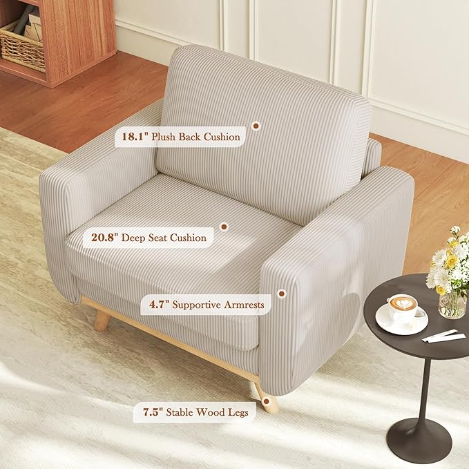 38.5" Light Gray Corduroy Accent Chair, Comfy Deep Seat Armchair with Spring Cushion, Modern Reading Sofa for Living Room Bedroom