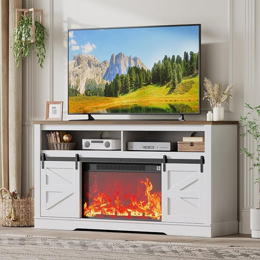 JUMMICO Fireplace TV Stand for 65+ Inch TV with 26'' Fireplace Entertainment Center with Storage Cabinet and Adjustable Shelves Media Console with Sliding Barn Door for Living Room (Bright White) by JUMMICO
