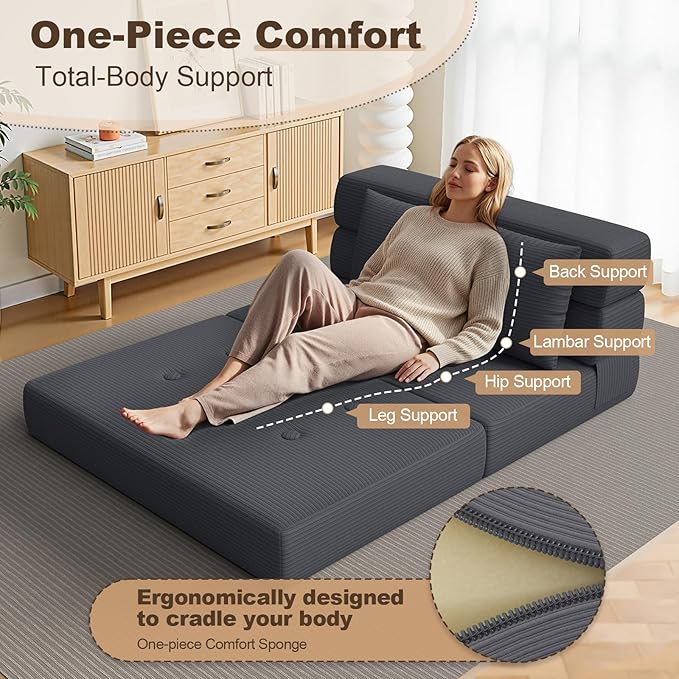 Folding Sofa Bed, Convertible Sleeper Chair & Couch Bed with Pillow, One-Piece High-Density Sponge Mattress, Multi-Purpose Corduroy Floor Sofa for Living Room, Office, Apartment, Grey, Twin