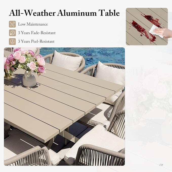 PURPLE LEAF 7 Pieces Patio Dining Set with Waterproof Furniture Cover Rectangular Table and Chairs Set for Garden Deck Aluminum Frame Backyard Kitchen Set, Cushions and Pillows Included Champagne - Image 3
