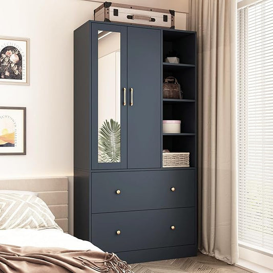 Hitow Wardrobe Armoire Closet with Mirror, 2 Door Wardrobe Cabinet with 2 Drawers & Extendable Hanging Rod, Bedroom Armoire Cabinet Clothes Organizer, Type A Blue (35.5" W x 15.8" D x 70.8" H)