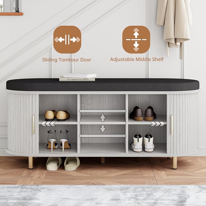 DHH 2-Tier Storage Bench,Wide Shoe Bench with Thickened Padded Seat Cushion, Mid Century Modern Fluted Sliding Door and Adjustable Shelf, for Entryway, Living Room, Bedroom (Grayish White, 43.3“) - Image 5