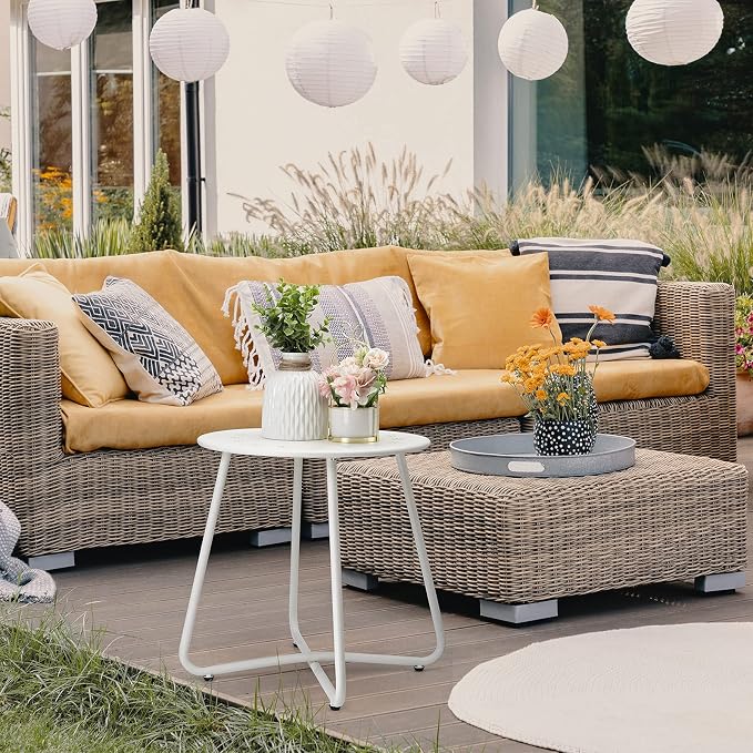 danpinera Outdoor Side Tables with Flower Cut Outs, Weather Resistant Steel Patio Side Table, Small Round Outdoor End Table Metal Side Table for Patio Yard Balcony Garden White - Image 9