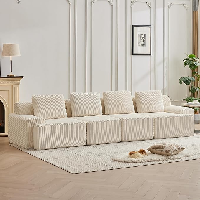 Modular Sectional Sofa with Movable Ottoman, 4 Seat Deep Seat Couch with 4 Pillows, Comfy Cloud Sectional Sofa for Living Room, Bedroom and Apartment (White, 1 Left+1 Right+2 Middle)