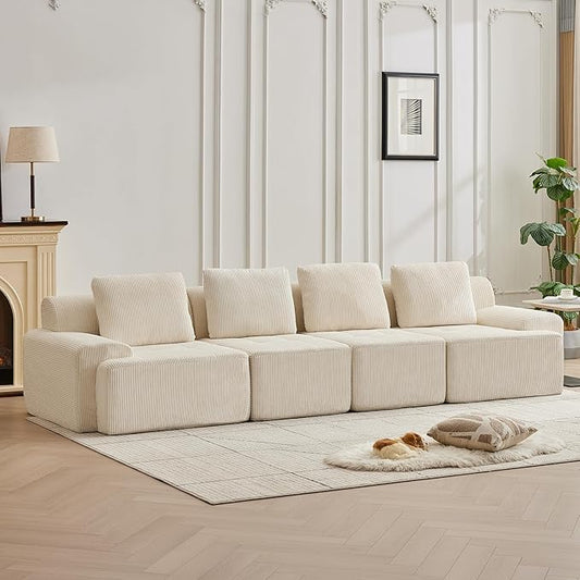 Modular Sectional Sofa with Movable Ottoman, 4 Seat Deep Seat Couch with 4 Pillows, Comfy Cloud Sectional Sofa for Living Room, Bedroom and Apartment (White, 1 Left+1 Right+2 Middle)