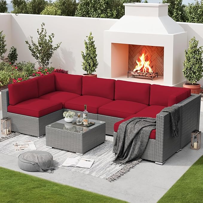 SUNCROWN Outdoor Patio Furniture Set 7 Piece Outdoor Sectional Sofa Grey Wicker Conversation Sofa Set with Coffee Table and Cushions -Red