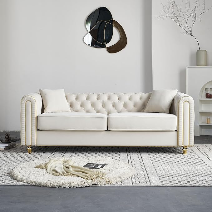 KEIKI 86" Chesterfield Velvet Button Tufted Sofa with High Density Foam Cushions and 2 Toss Pillows, Modern Style 3-Seater Couch with Gold Strip Trim Decoration, Easy Assembly, for Living Room, Beige