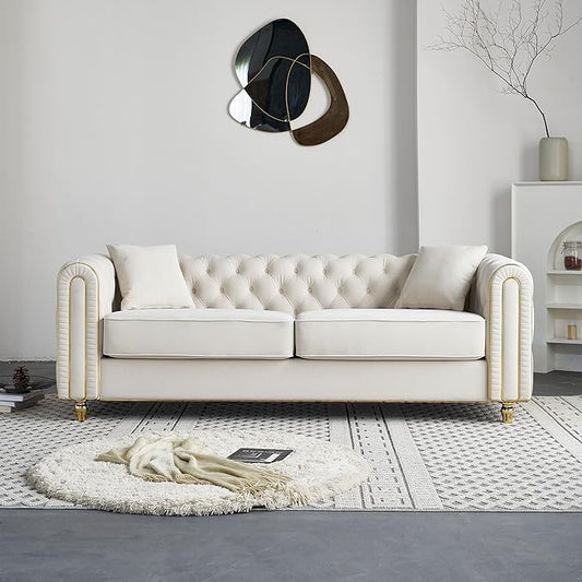 KEIKI 86" Chesterfield Velvet Button Tufted Sofa with High Density Foam Cushions and 2 Toss Pillows, Modern Style 3-Seater Couch with Gold Strip Trim Decoration, Easy Assembly, for Living Room, Beige