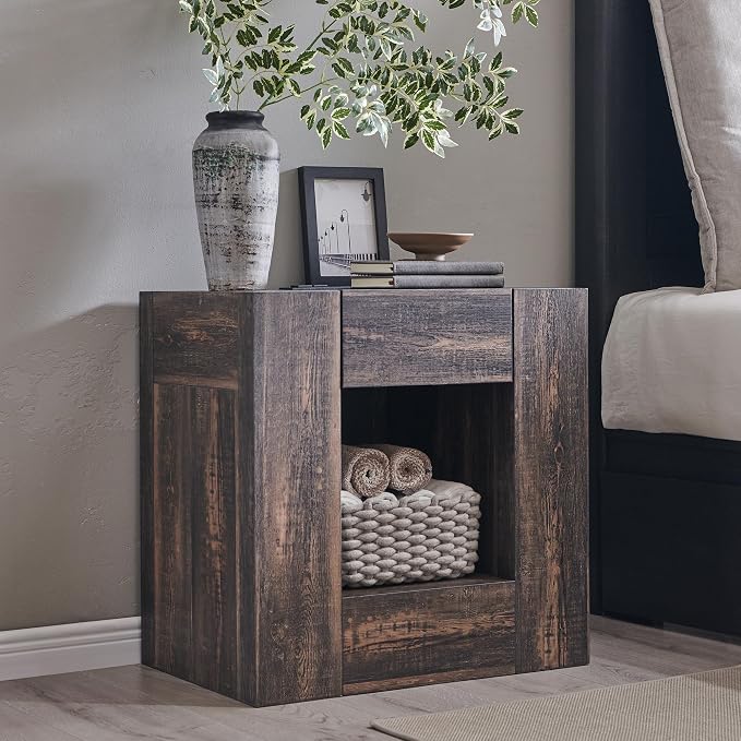 OKD 24" Modern Nightstands Set of 2, Large Wooden Night Stand with Charging Station & Drawer, Side Table Bedroom with Storage Shelf, Rustic End Table, Wood Thick Design, Dark Rustic Oak - Image 2