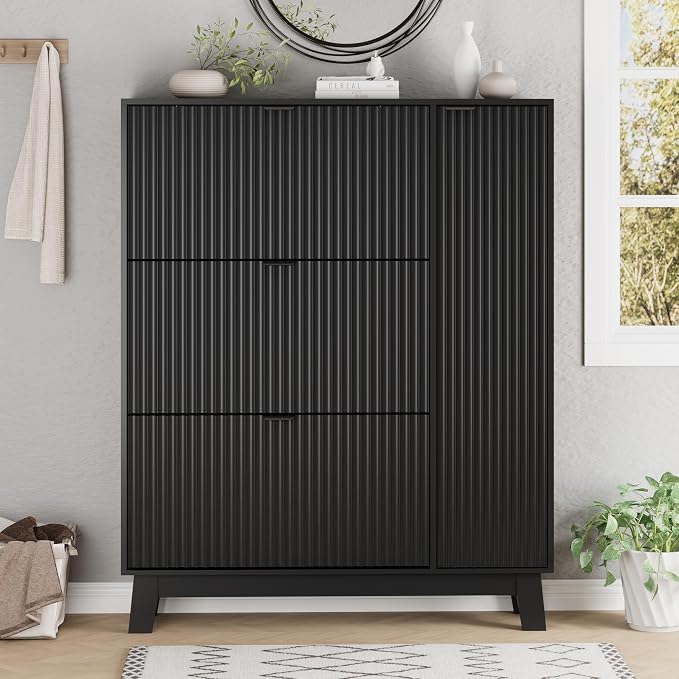 Xixini Shoe Cabinet with 3 Flip Drawers, 54" Tall Narrow Fluted Shoe Storage Organizer for Entryway, Hidden Wooden Shoe Rack with Adjustable Side Cabinet for Front Door Entrance, Hallway, Solid Black - Image 7