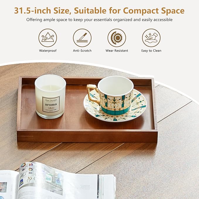 33" Round Coffee Table with Lift-Top & Flip-Top Storage, Modern Accent Fluted Coffee Tables with Metal Frame, Wooden Circle Center Table for Living Room Small Space Apartment Office (Walnut)