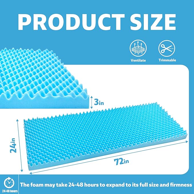 72 * 24 * 3inch Egg Crate Foam Pad Cuttable Egg Carton Foam Padding for Support, Air Circulation, Pressure Relief Weight Distribution,Blue