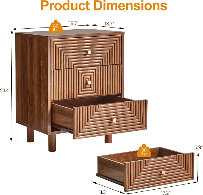 RoyalCraft Nightstand with Drawers, Wood Night Stand for Bedroom, Small Bedside Table with Solid Wood Legs, End Table Storage Cabinet for Small Space, Brown - Image 2