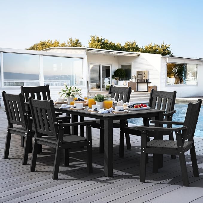 YEFU HIPS Patio Table Set: 7 Piece Outdoor Table and Chairs Patio Furniture Set with Umbrella Hole - Black Modern Plastic Dining Sets 6 Person for Outside Deck with Metal Aluminum Frame - Image 9